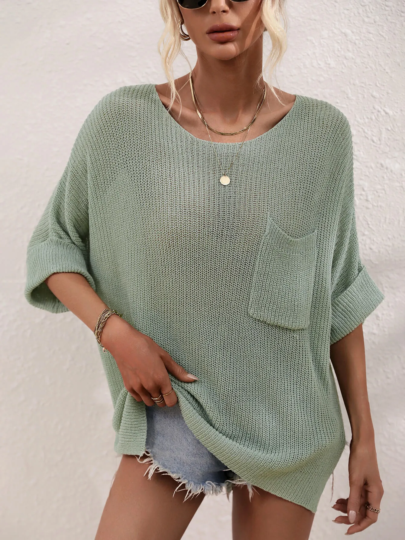 Samia Boat Neck Cuffed Sleeve Slit Tunic Knit Top